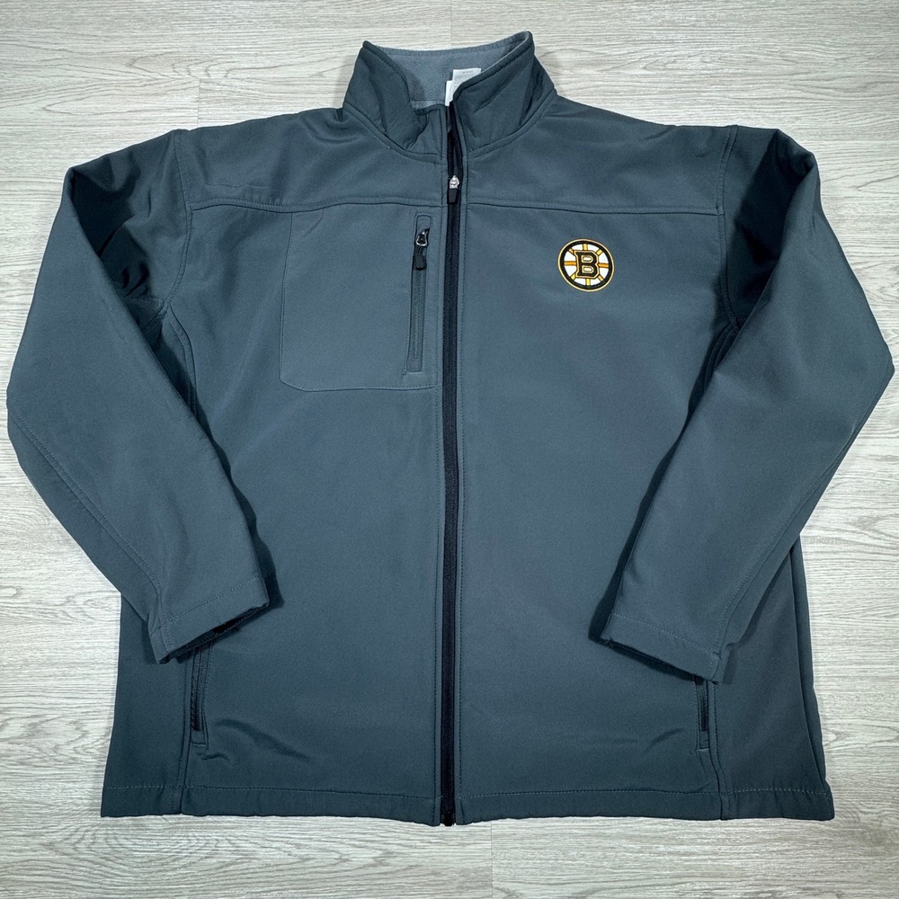 NHL Mens Boston Bruins Softshell Jacket Gray 2XL Full Zip‎ Fleece Lined Logo